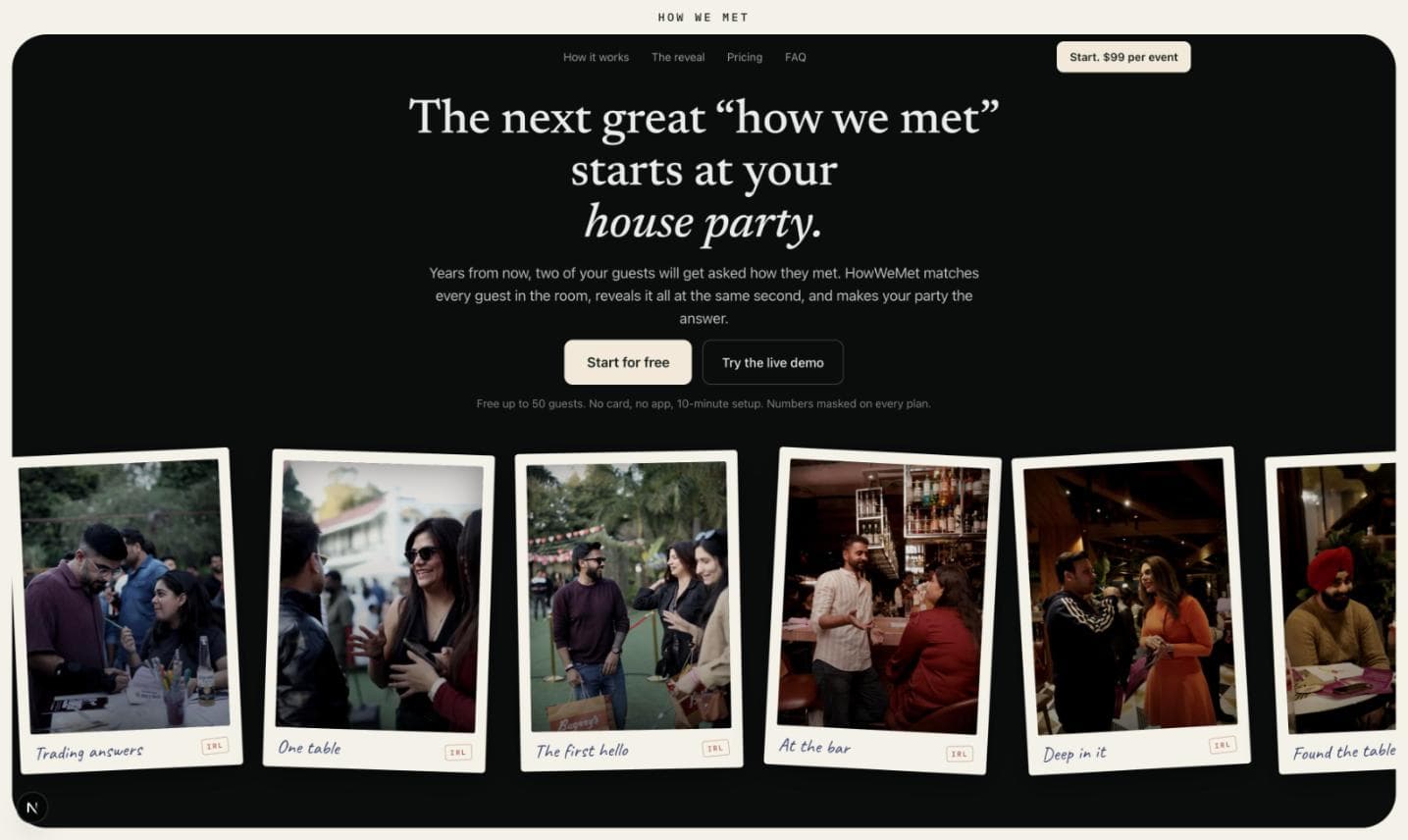 HowWeMet landing page: the next great how-we-met starts at your house party