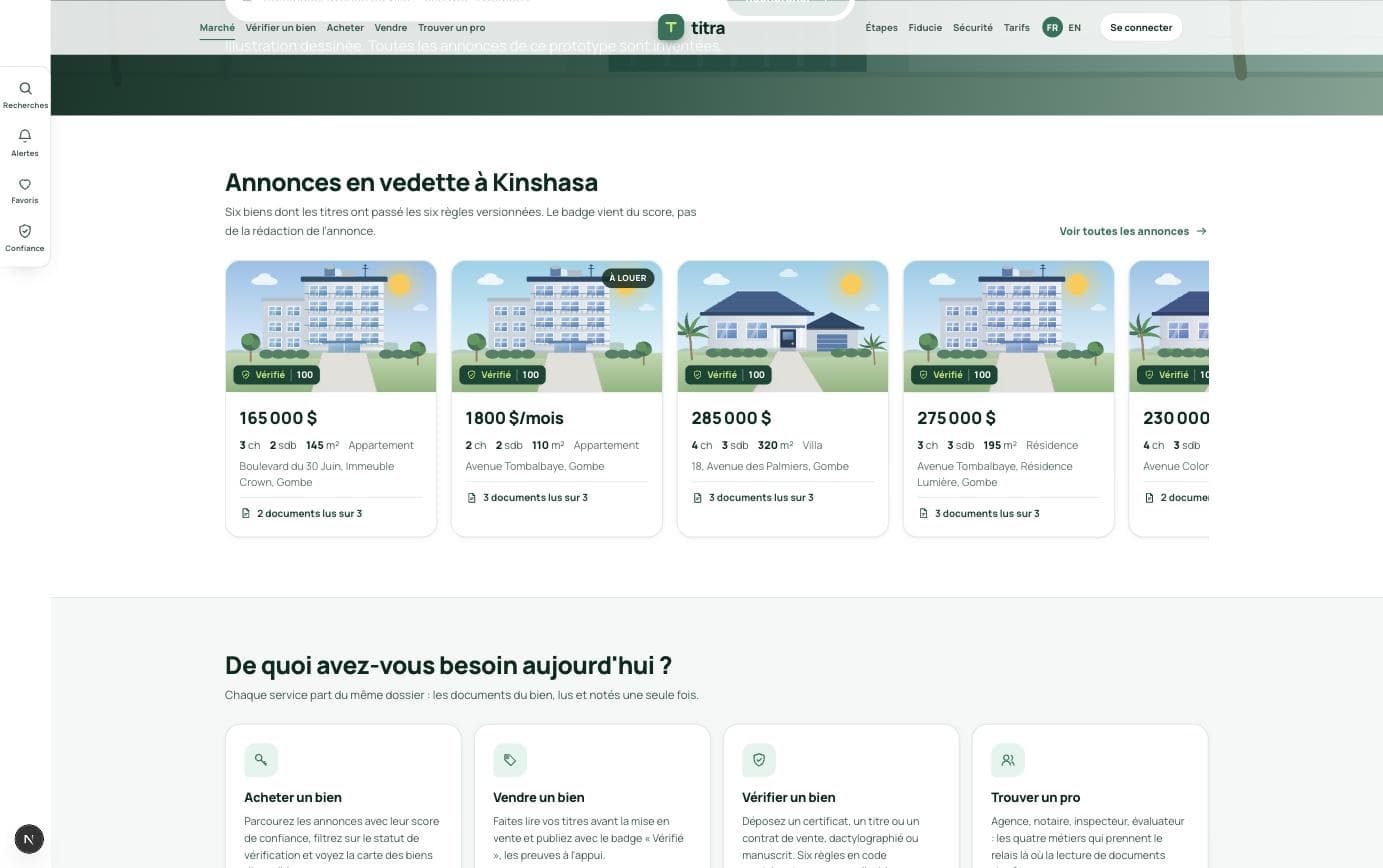 Titra listings in Kinshasa, each showing a trust score and how many documents were read